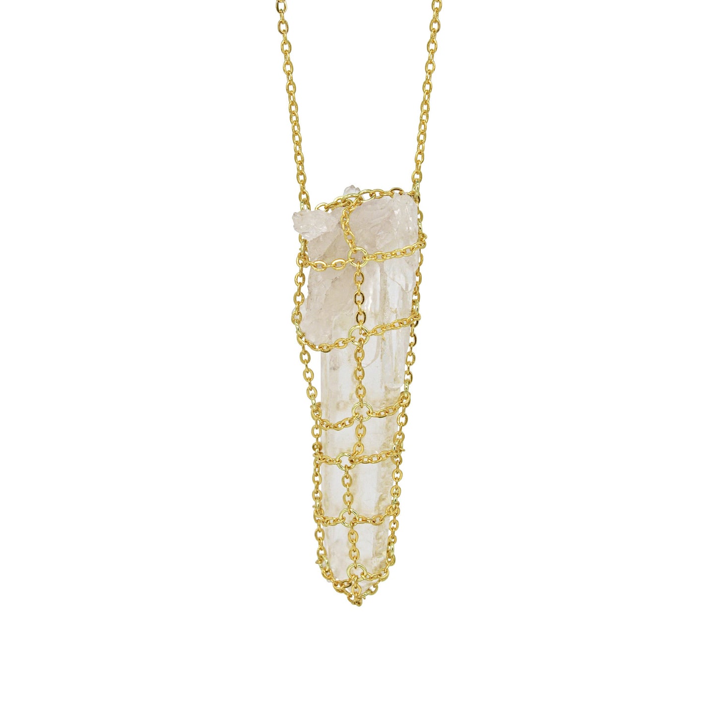 Caged Quartz Spike 14k Gold Brass Necklace