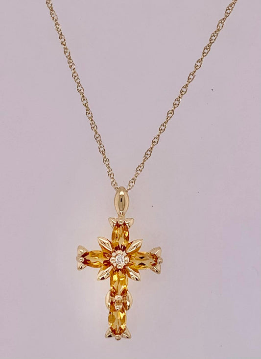 14K Citrine and Diamond Cross Pendant