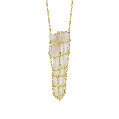 Caged Quartz Spike 14k Gold Brass Necklace
