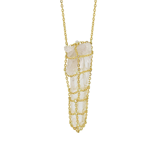 Caged Quartz Spike 14k Gold Brass Necklace